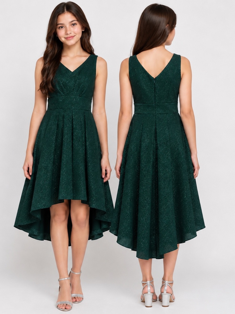 Bonnie Jean Emerald Green Glitter High-Low Formal Dress